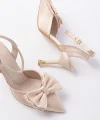 İNF-4505 Bej Saten Günlük Arkası Açık Kurdele detaylı Topuklu Bayan Ayakkabı