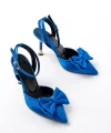 İNF-4505 Mavi Saten Günlük Arkası Açık Kurdele detaylı Topuklu Bayan Ayakkabı