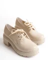 K-707 Bej Kırışık Rugan Yüksek Tabanlı Bağcıklı  Loafer Ayakkabı