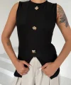 Kadın siyah bisiklet yaka gold düğmeli ottoman bluz s2310