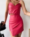Kapaklı asimetrik model deri etek pembe s240106