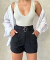 Kemer detaylı gabardin şort siyah s25289