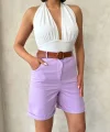 Kemerli gabardin şort lila s25735