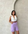 Kemerli gabardin şort lila s25735