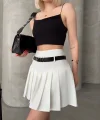 Kemerli piliseli şort etek beyaz s25305