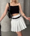 Kemerli piliseli şort etek beyaz s25305