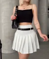 Kemerli piliseli şort etek beyaz s25305