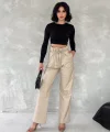 Kendinden ince kemerli deri pantolon bej t1178