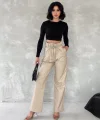 Kendinden ince kemerli deri pantolon bej t1178