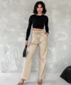 Kendinden ince kemerli deri pantolon bej t1178