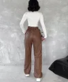 Kendinden ince kemerli deri pantolon kahve t1178