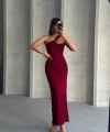 Krinkıl tek omuz uzun elbise bordo s25455