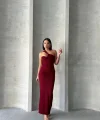 Krinkıl tek omuz uzun elbise bordo s25455
