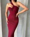Krinkıl tek omuz uzun elbise bordo s25455
