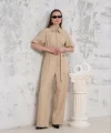 Kuşaklı gömlek yaka salaş tulum bej s255822