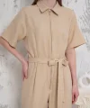 Kuşaklı gömlek yaka salaş tulum bej s255822