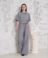 Kuşaklı gömlek yaka salaş tulum gri s255822