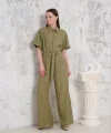 Kuşaklı gömlek yaka salaş tulum haki s255822