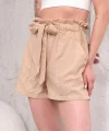 Kuşaklı keten şort bej s255265
