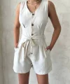 Kuşaklı şortlu tulum