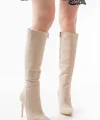 LS-226 Bej Süet Fermuarlı Lastikli İnce Yüksek Topuklu Kadın Çizme