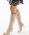 LS-226 Bej Süet Fermuarlı Lastikli İnce Yüksek Topuklu Kadın Çizme