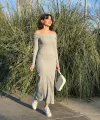 Madonna yaka uzun elbise şardonlu kumaş gri w3753