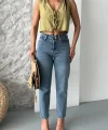 Mom fit bıyık kar yıkama jeans pantolon koyu mavi d2006