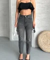 Mom fit enzim taş yıkama jeans pantolon füme d2006
