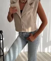 Önü çıtçıtlı cepli kaşe yelek bej f2253