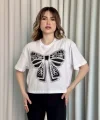 Oversize Beyaz baskılı crop tişört