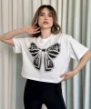 Oversize Beyaz baskılı crop tişört
