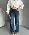 Palazzo bıyık enzim yıkama jeans pantolon koyu mavi d2008