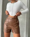 Parçalı cepli deri şort taba w26312