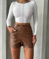 Parçalı cepli deri şort taba w26312