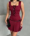 Pileli etek yelek takım bordo s255015