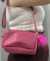 Ponpon fuşya cilt çanta