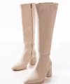 RS-2432 Bej Topuklu Fermuarlı Günlük Kadın Çizme