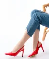 ST-1153 Kırmızı Rugan Günlük Arkası Açık 9 cm Topuklu Kadın Ayakkabı