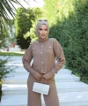 Taş düğmeli ikili triko takım vizon