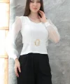 Tokalı tül kollu bluz beyaz t4071