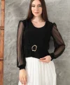 Tokalı tül kollu bluz siyah t4071