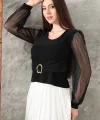 Tokalı tül kollu bluz siyah t4071