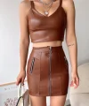 Üç fermuarlı deri etek kahve s24510