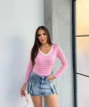 V yaka çizgili bluz pembe A3699