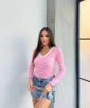 V yaka çizgili bluz pembe A3699