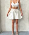 Volanlı keten şort bej s255058