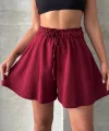 Volanlı keten şort bordo s255058