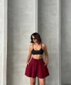 Volanlı keten şort bordo s255058