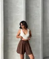 Volanlı keten şort kahve s255058